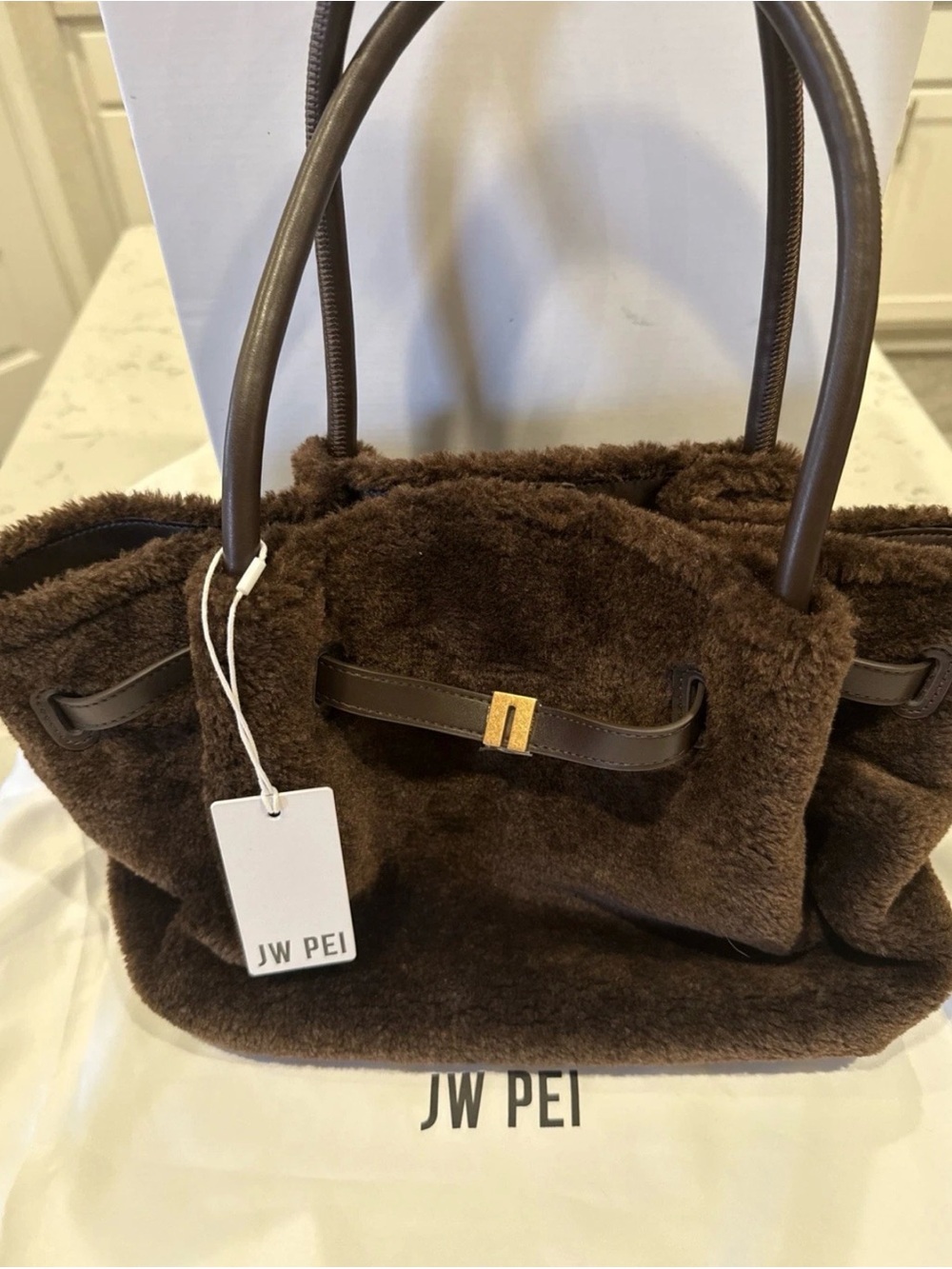 JW PEI Chocolate Brown Faux Fur Tote with Gold Accent